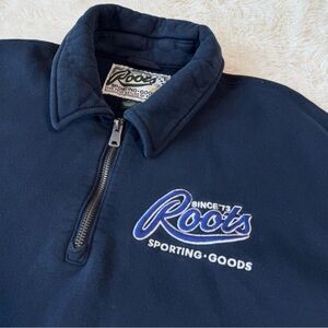 VTG 90s Y2K Roots Unisex Blue 1/4 Zip Collared Sweater MEDIUM Casual Preppy